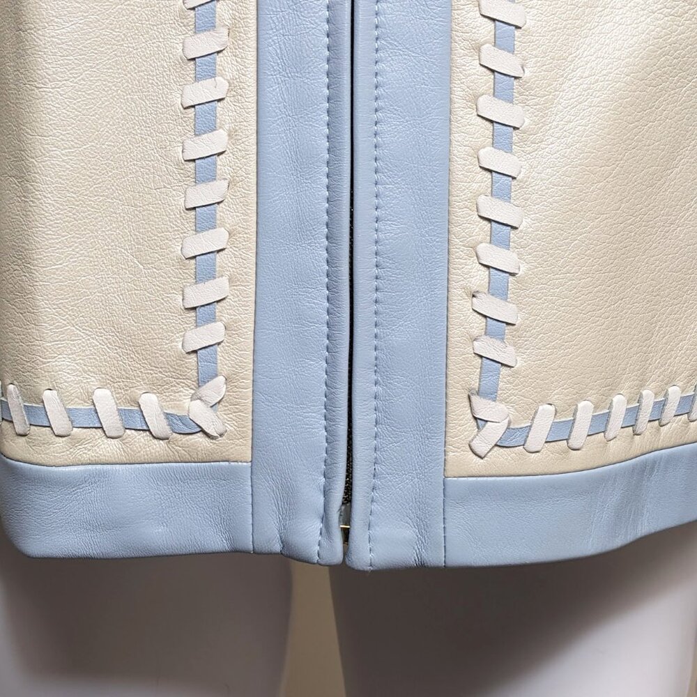 ST. JOHN Ivory 100% Leather Jacket w/ Baby Blue & White Braided  Trim - Picture 7 of 10